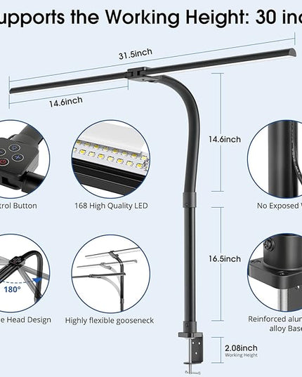 LED Desk Lamp, 24W Double Head Desk Lamp with Clamp, Modern Eye Caring Architect lamp with 5 Color Modes and 5 Dimmable, for Workbench, Monitor, Reading, Home Office - LeafyLoom