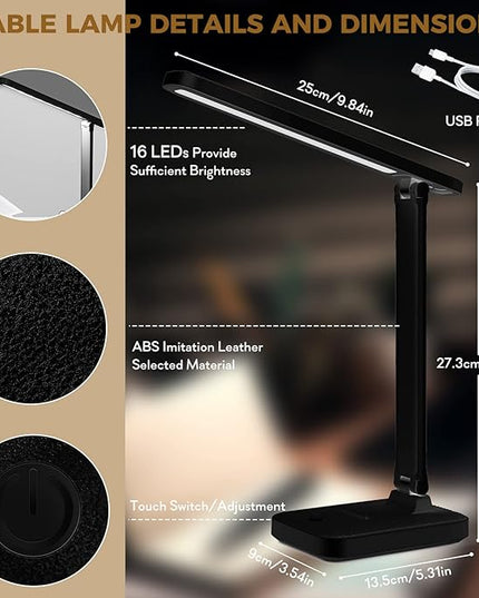 LED Desk Lamp with Touch Control, Reading Lamp No Flicker, 3 Color Modes, Foldable Table Lamp, Eye Caring Reading Light for Office, Home, Dormitory, USB Interface DC5V 1A(Black) - LeafyLoom