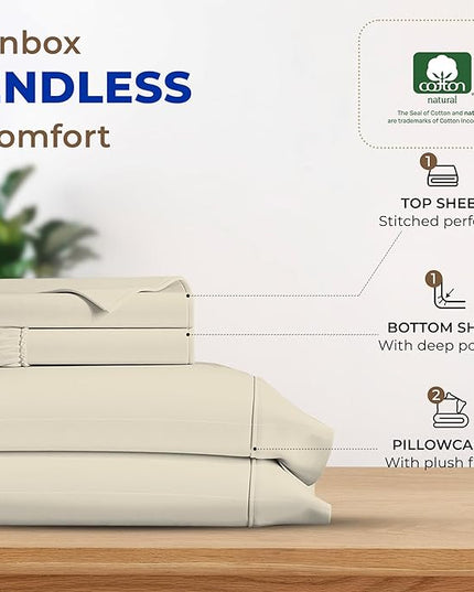 THREAD SPREAD 100% Egyptian Cotton Sheets California King Size - 600 Thread Count 4 PC Luxury Sheets Cal King Size, Soft, Cooling Hotel Luxury Bed Sheets & Pillowcases, Fits Mattress upto 18" - Ivory - LeafyLoom