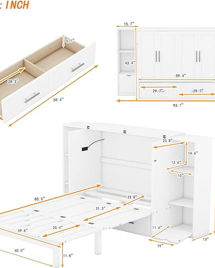Queen Size Murphy Bed Foldable into Cabinet, Wooden Platform Bedframe with Shelves, Drawers and USB Ports, for Bedroom/Living Room, White - LeafyLoom