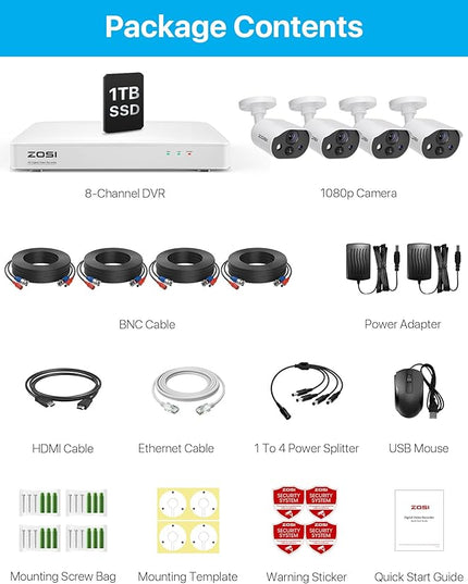 ZOSI C303 Spotlight Home Security Camera System with Audio,8CH 3K Lite DVR with 1TB SSD Hard Drive,4pcs H.265+ 1080p Outdoor CCTV Cameras,Night Vision,Person Vehicle Detection,for 24/7 Recording ZOSI