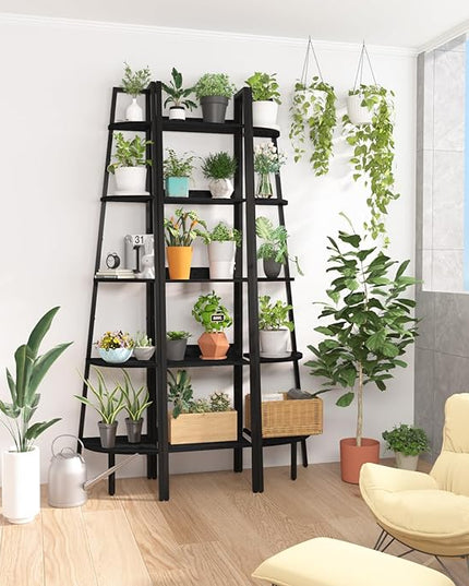 Yoobure Ladder Shelf, 5 Tier Tall Ladder Bookshelf Corner Shelf, Industrial Book Shelf Ladder Bookcase Narrow, Standing Storage Shelves Display Shelf for Bedroom Living Room Office Kitchen Bathroom - LeafyLoom