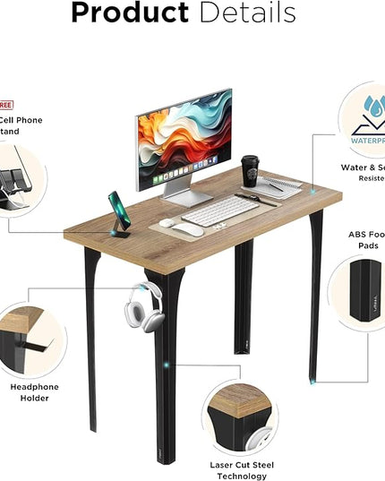 Home Office Computer Desk 35.4 inch gaming Desk, Modern and Minimalist home office desk, Home Office Desks, Study Desk, Craft table Black Metal Designed Frame, Natural Board Color. - LeafyLoom