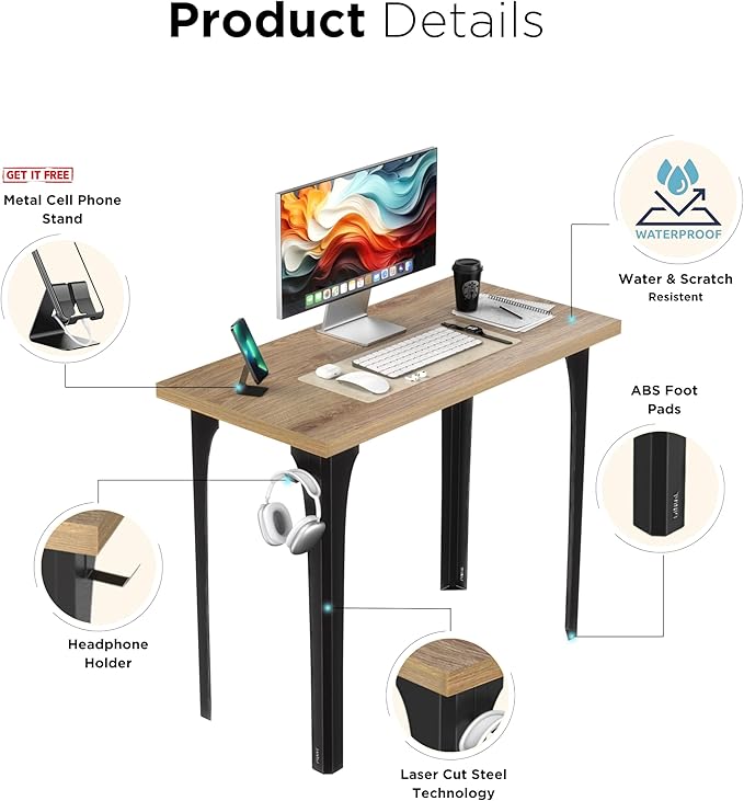 Home Office Computer Desk 35.4 inch gaming Desk, Modern and Minimalist home office desk, Home Office Desks, Study Desk, Craft table Black Metal Designed Frame, Natural Board Color. - LeafyLoom