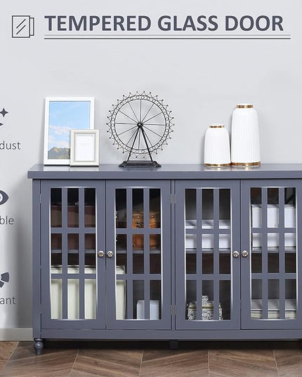 HOMCOM Sideboard, Buffet Cabinet with 4 Tempered Glass Doors, Stripe Pattern and Adjustable Storage Shelf, Credenza, Gray - LeafyLoom