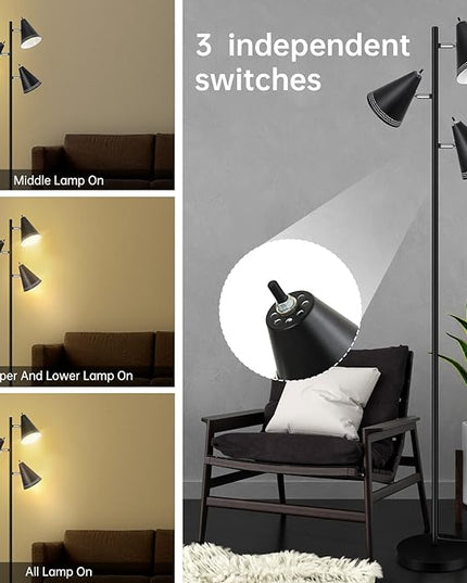 BoostArea Tree Floor Lamp with 3 Adjustable Rotating,Sturdy Industrial Floor Lamp,E26 Socket,Stand Up Tall Pole Lamps for Living Room, Bedroom, Home, Office(No Bulbs) - LeafyLoom
