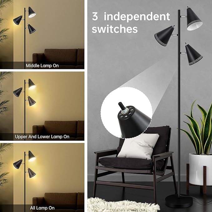 BoostArea Tree Floor Lamp with 3 Adjustable Rotating,Sturdy Industrial Floor Lamp,E26 Socket,Stand Up Tall Pole Lamps for Living Room, Bedroom, Home, Office(No Bulbs) - LeafyLoom