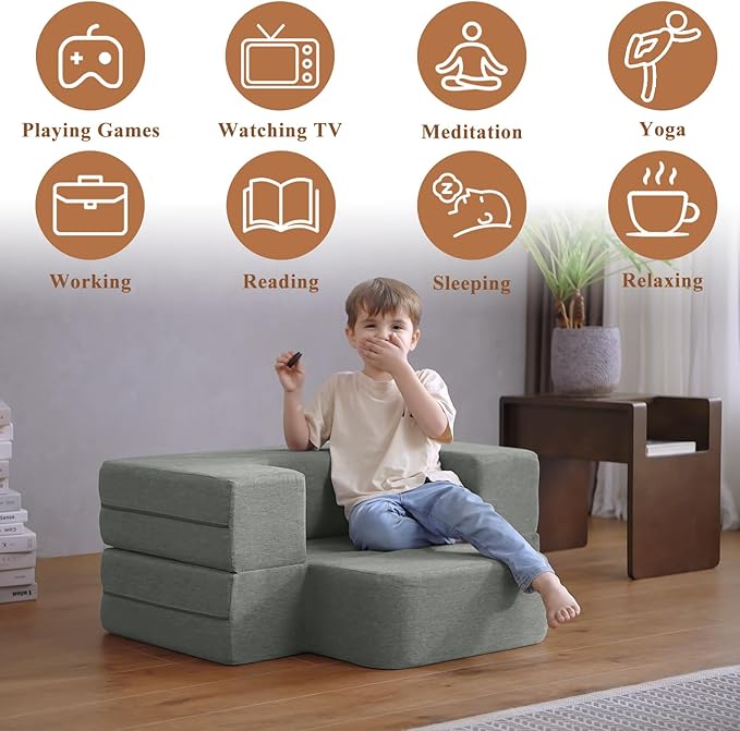 Convertible Folding Sofa - Modern Linen Fabric Coffee Table, Foldable Floor & Futon Couch, with Pillow for Living Room/Dorm/Guest Room/Home Office/Apartment,Single (2 in 1),Light Gray - LeafyLoom