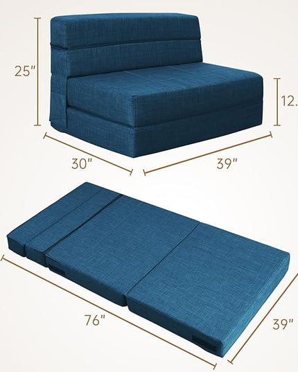 Folding Sofa Bed Couch Memory Foam with Pillow Sleeper Chair Lazy Couch Twin Size Futon Convertible Guest Beds,Washable Cover,Dark Blue - LeafyLoom