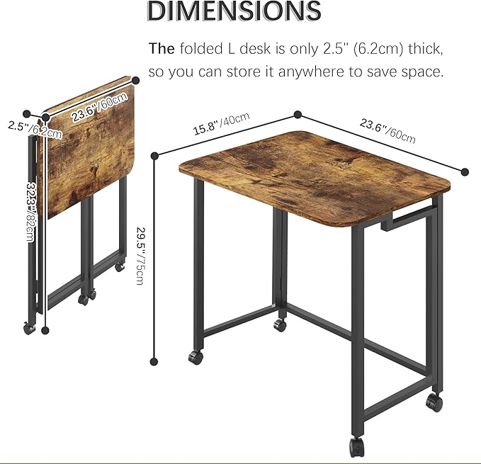 4NM 23.6" Mobile Small Folding Desk, Adjustable Rolling Compact Laptop Cart Desk, Couch Desk, Bed Desk for Laptop for Small Space Offices - Rustic Brown and Black - LeafyLoom