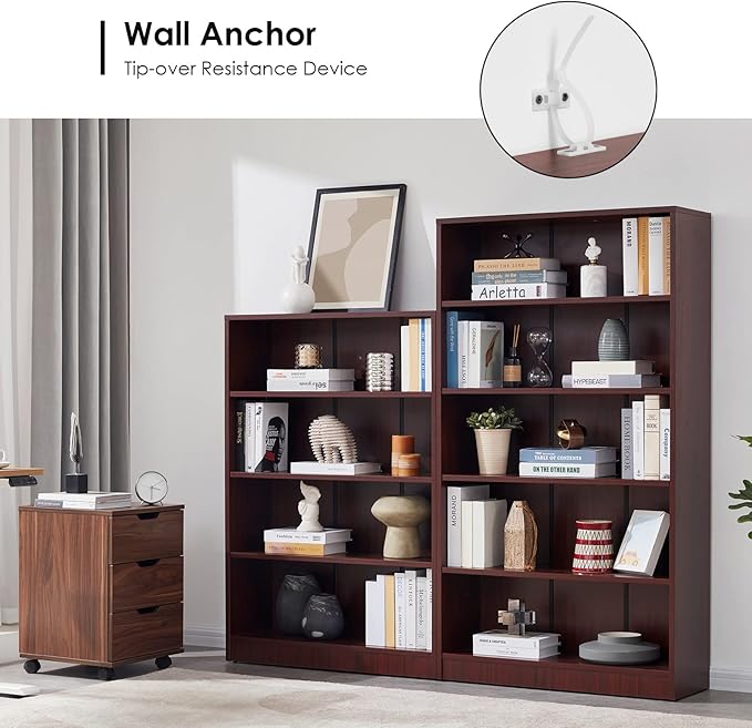 Farini Mahogany Bookshelf for Bedroom 5 Shelf Office Bookcase 60 Inches Tall Modern Wood Bookshelf for Living Room 5 Tier Wide Manga Bookshelf Library Bookcase - LeafyLoom