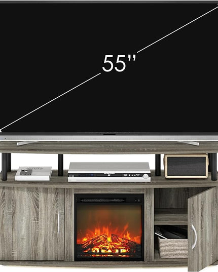 Furinno Jensen Living Room Fireplace TV Entertainment Center with Doors Storage Cabinet for TV up to 55 Inch, French Oak Grey/Black - LeafyLoom