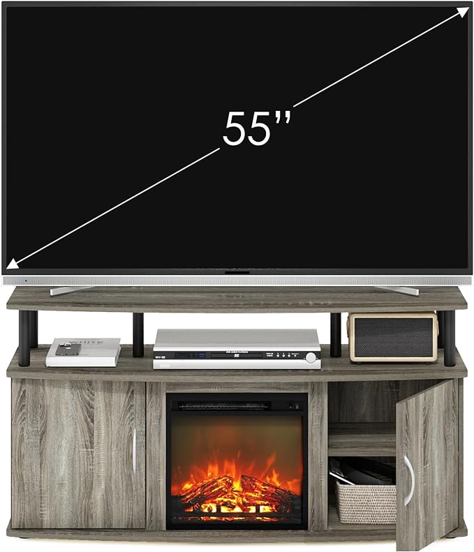 Furinno Jensen Living Room Fireplace TV Entertainment Center with Doors Storage Cabinet for TV up to 55 Inch, French Oak Grey/Black - LeafyLoom