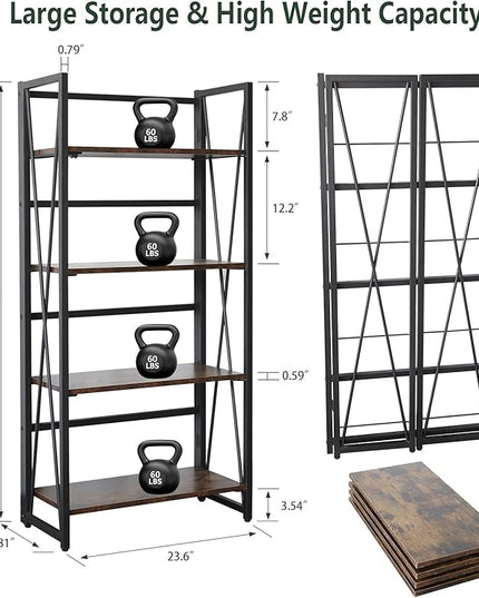 WOOD&LIFE 4 Tier Folding Bookshelf, Easily Assembled Bookcase Industrial Freestanding Multifunctional Decorative Storage Shelf, Rustic Vintage Wooden Metal Bookcase for Living Room Home Office - LeafyLoom