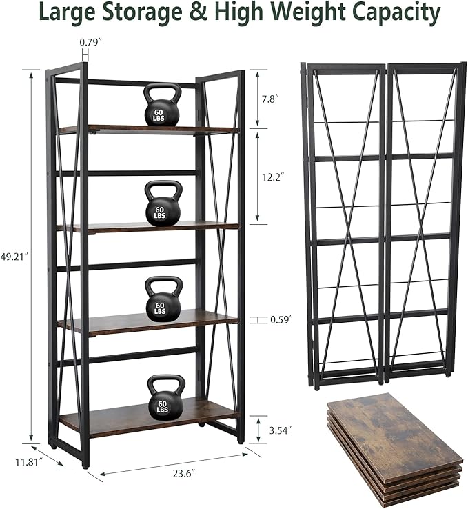 WOOD&LIFE 4 Tier Folding Bookshelf, Easily Assembled Bookcase Industrial Freestanding Multifunctional Decorative Storage Shelf, Rustic Vintage Wooden Metal Bookcase for Living Room Home Office - LeafyLoom