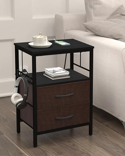 Nightstand with Charging Station, Side Table with Fabric Drawers and Open Shelf, Night Stand for Bedroom Decor, Bedside Table with USB Ports & Outlets (Black,1) - LeafyLoom