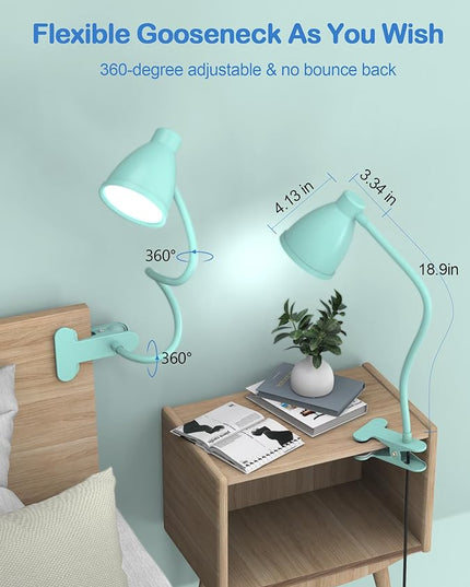 BOHON Desk Lamp with Clamp, 10W 38 LED Clip on Light, 3 Color 10 Brightness Auto Off Timer, Flexible Gooseneck Clip Lamp, Desk Lights for Office Home Bed Bedside Reading, Adapter Include, Teal - LeafyLoom