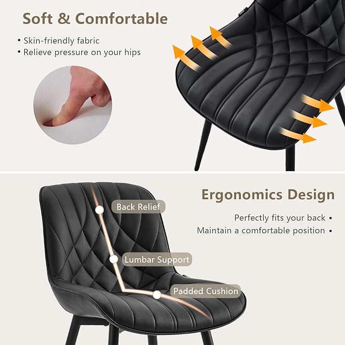 YOUNUOKE Black Dining Chairs Set of 2 Modern Upholstered Kitchen Chair Comfortable PU Leather Dinner Chairs for Kitchen Dinning Room - LeafyLoom