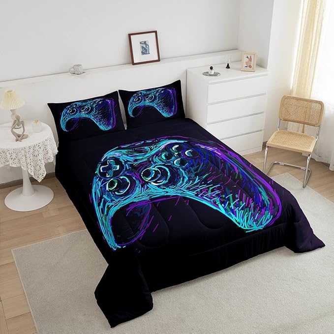Gamer Comforter Set for Boys Teens Blue and Black Gaming Bedding Set Video Game Bedding Home Decor for Kids Comforter Queen Size 3 Pieces Gamepad Quilted Duvet Set 1 Comforter with 2 Pillowcases - LeafyLoom