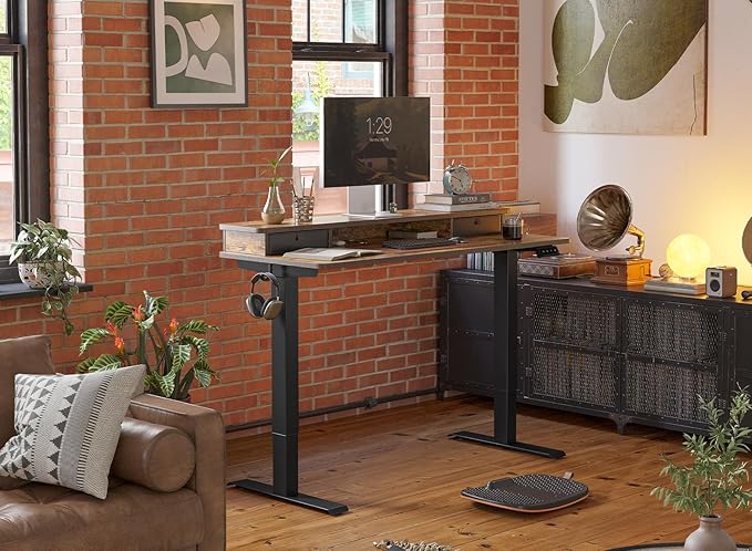 FEZIBO 55 x 24 Inch Height Adjustable Electric Standing Desk with Double Drawer, Stand Up Desk with Storage Shelf, Sit Stand Desk, Rustic Brown - LeafyLoom
