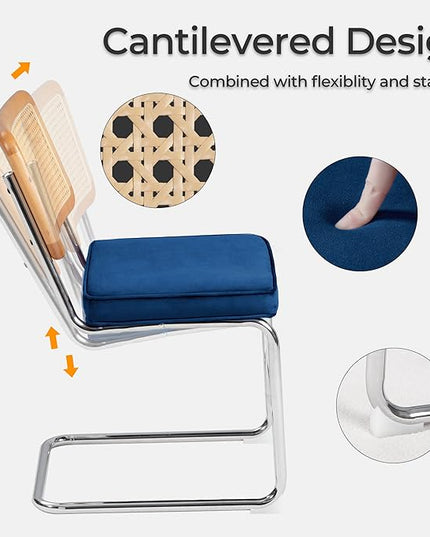 Dining Chair Set of 2, Mid-Century Modern Rattan Dining Chairs with Metal Chrome Legs, Natural Cane Backrest Upholstered for Home Kitchen，Dining Room and Patio, Deep Blue - LeafyLoom