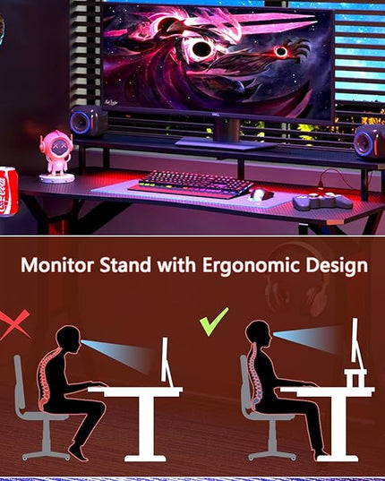 Gaming Desk with Power Outlets & LED Strip Lights,Computer Desk with Large Monitor Stand, Gamer Workstation with Stylish Metal Legs,Headphone Hook&Cup Holder for Home Office - LeafyLoom