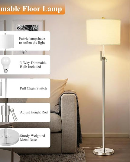 Brushed Nickel Floor Lamp for Living Room, Adjustable Height Standing Lamp with Metal Base, 3-Way Dimmable Tall Pole Light with White Linen Shade for Bedroom, Pull Chain Switch, 6W LED Bulb Included - LeafyLoom