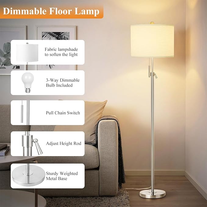 Brushed Nickel Floor Lamp for Living Room, Adjustable Height Standing Lamp with Metal Base, 3-Way Dimmable Tall Pole Light with White Linen Shade for Bedroom, Pull Chain Switch, 6W LED Bulb Included - LeafyLoom