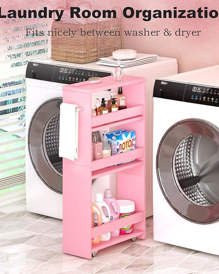 MARTY Pink Slim Storage Cart, 4-Tier Rolling Bookshelf Kitchen Cart on Wheels, Laundry Room Organization with Handle Slide Out Utility Cart Shelving Unit Trolley for Narrow Places - LeafyLoom