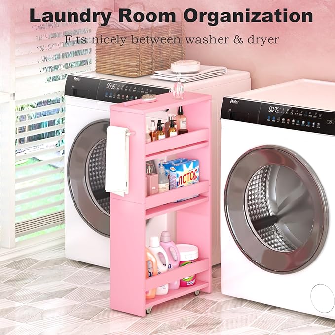 MARTY Pink Slim Storage Cart, 4-Tier Rolling Bookshelf Kitchen Cart on Wheels, Laundry Room Organization with Handle Slide Out Utility Cart Shelving Unit Trolley for Narrow Places - LeafyLoom
