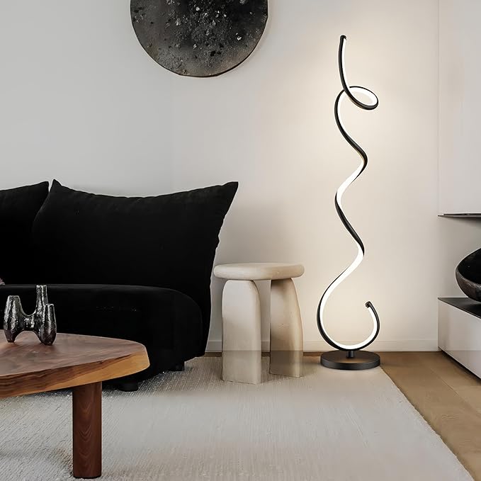 Modern Floor Lamps for Living Room, LED 53" Tall 30W Black Spiral Corner Floor Lamp with Remote, 3 Color Temperature, Stepless Dimmable, Bright Standing Lamp for Bedroom Home Office Deco - LeafyLoom