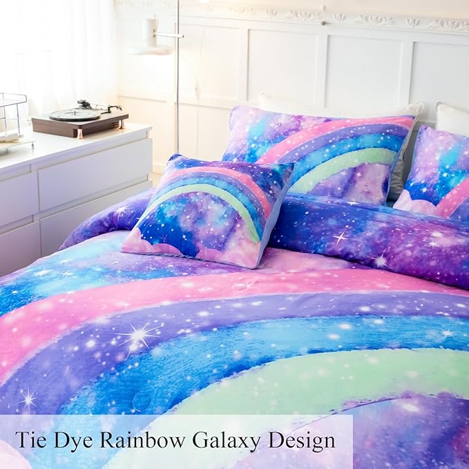 Tie Dye Comforter Girls Twin Comforter Set, 6 Pieces Colorful Rainbow Bed in A Bag, Pastel Gradient Galaxy Bedding Sets with Sheets, Comforter and Pillowcases for Teens Kids - LeafyLoom