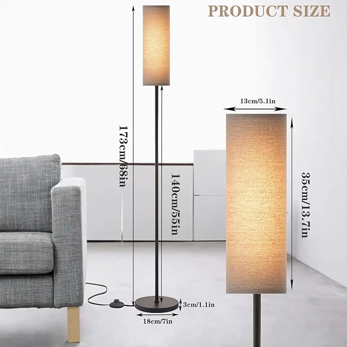 LED Floor Lamp Simple Design, Modern Floor Lamp with Shade, Tall Lamps for Living Room Bedroom Office Dining Room Kitchen, Black Pole Lamp with Foot Switch (with Bulb)(Gray Shade) - LeafyLoom