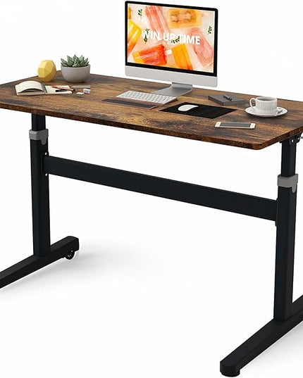 Manual Standing Desk Adjustable Height- Crank Mobile Standing Desk 55 x 24 Inches Sit Stand Desk Frame & Top, Stand Up Desk on Wheels, Computer Desk Black Frame & Rustic Brown - LeafyLoom