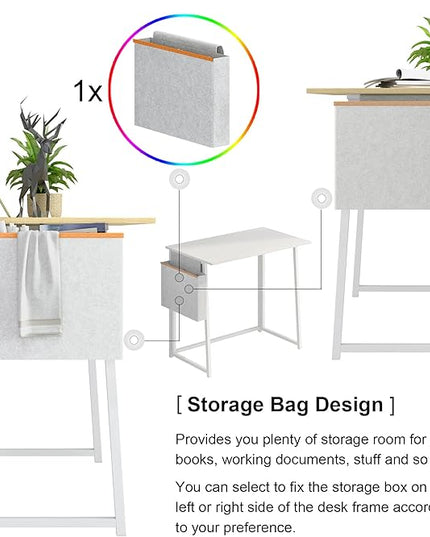 4NM 31.5" Small Desk with Storage Bag, Simple Assembly Folding Computer Desk Home Office Desk Study Writing Table for Small Space Offices - All White - LeafyLoom