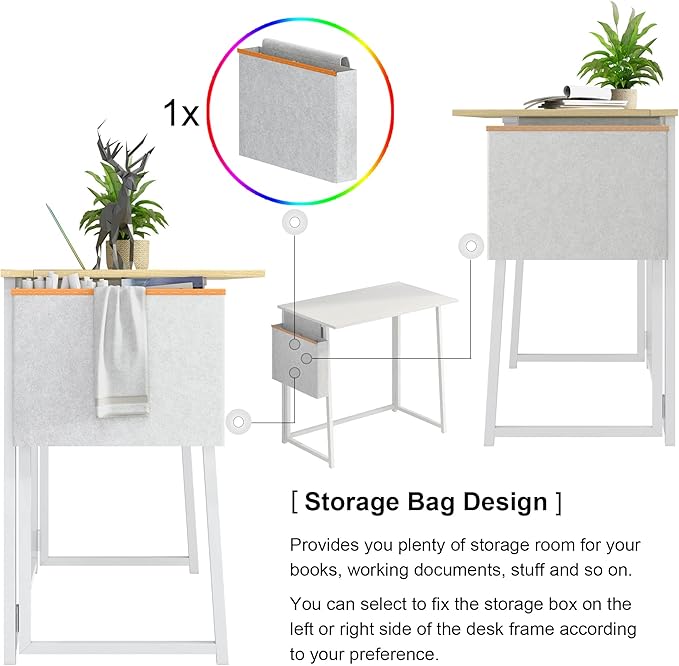4NM 31.5" Small Desk with Storage Bag, Simple Assembly Folding Computer Desk Home Office Desk Study Writing Table for Small Space Offices - All White - LeafyLoom