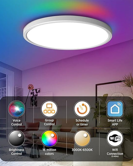 TALOYA Smart Ceiling Light Flush Mount LED WiFi,Compatible with Alexa Google Home,Dimmable Low Profile Ambient Light Fixture for Bedroom Living Room Hallway Kitchen Nursery,12 Inch,RGB Taloya