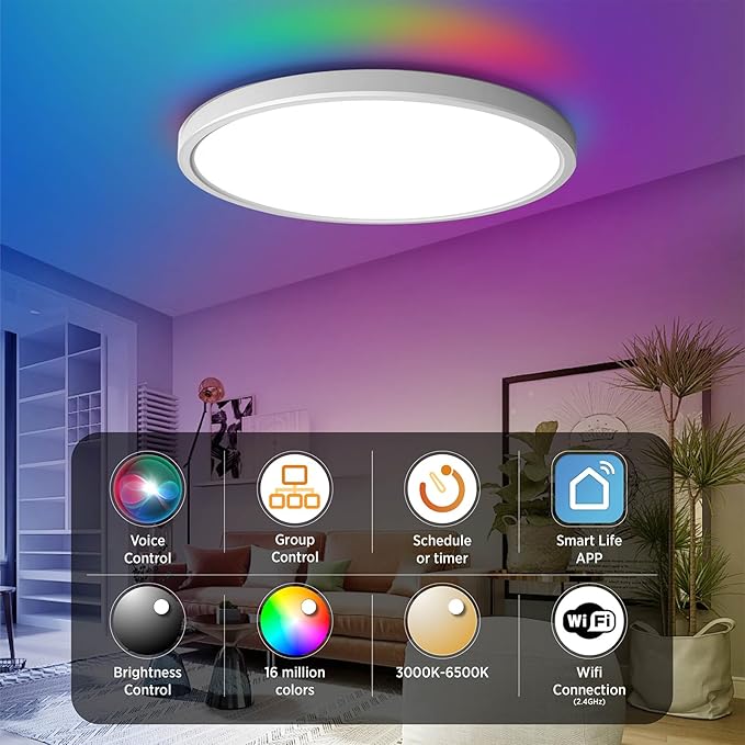 TALOYA Smart Ceiling Light Flush Mount LED WiFi,Compatible with Alexa Google Home,Dimmable Low Profile Ambient Light Fixture for Bedroom Living Room Hallway Kitchen Nursery,12 Inch,RGB Taloya