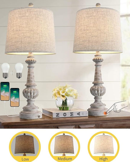PORTRES 25.75" Traditional 3-Way Dimmable Table Lamp Set of 2 for Living Room Bedside Nightstand Lamps with USB A+C Charging Ports for Bedroom Kids Room Rustic Table Lamps (2 Bulbs Included) - LeafyLoom