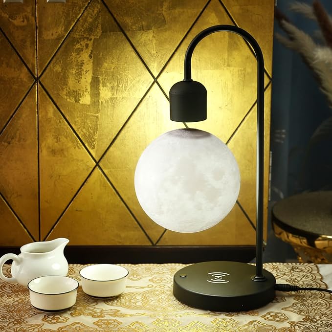 Floating Moon Lamp with Wireless Phone Charger & LED Levitating Ball in The Air Freely Unique Magnetic Cloud Desk Lamp with Cool Night Light, Home Office Decor & Gift for Friends Families - LeafyLoom