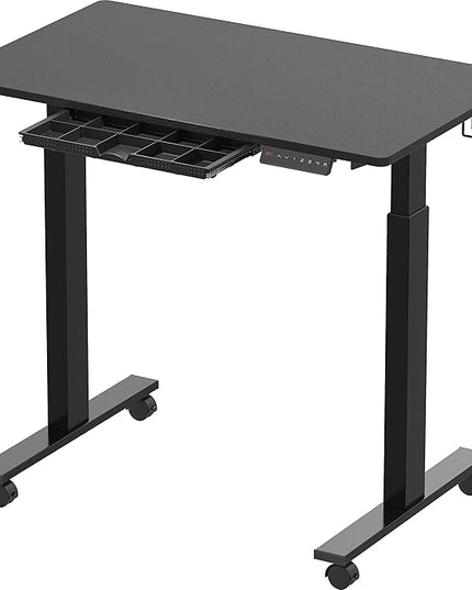 SHW Small Electric Height Adjustable Mobile Sit Stand Desk with Drawer, Hanging Hooks and Cable Management, 40 x 24 Inches, Black - LeafyLoom