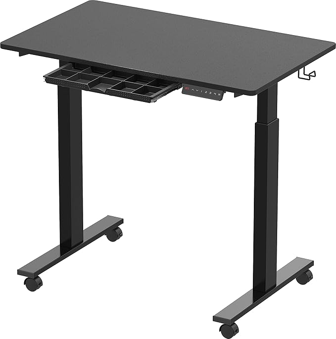 SHW Small Electric Height Adjustable Mobile Sit Stand Desk with Drawer, Hanging Hooks and Cable Management, 40 x 24 Inches, Black - LeafyLoom