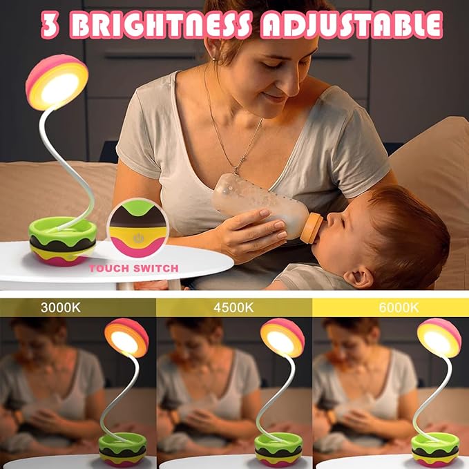 Cute Desk Lamp for Kids, Hamburger Girls Small Desk Lamps Rechargeable with Dimmable Touch Adjustable Neck, Kawaii Desk Lamp Night Lights,Girl Desk Accessories Kawaii Room Decor for Kid Gifts - LeafyLoom