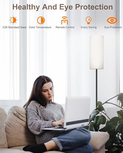LED Floor Lamp for Living Room, Dimmable Standing Lamps with Foot Switch,Remote Custom Color Temperature Black Pole Lamp with Lampshade,12W Led Bulb Tall Lamps for Bedroom Office Kid Room - LeafyLoom