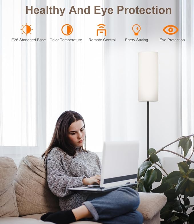 LED Floor Lamp for Living Room, Dimmable Standing Lamps with Foot Switch,Remote Custom Color Temperature Black Pole Lamp with Lampshade,12W Led Bulb Tall Lamps for Bedroom Office Kid Room - LeafyLoom