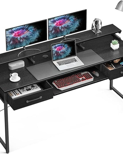 ODK Computer Desk Study Table, 63 Inch Office Desk with Drawers and Keyboard Tray, Study Desk Work Desk with Monitor Shelf, Writing Desk with Storage for Home Office, Black - LeafyLoom