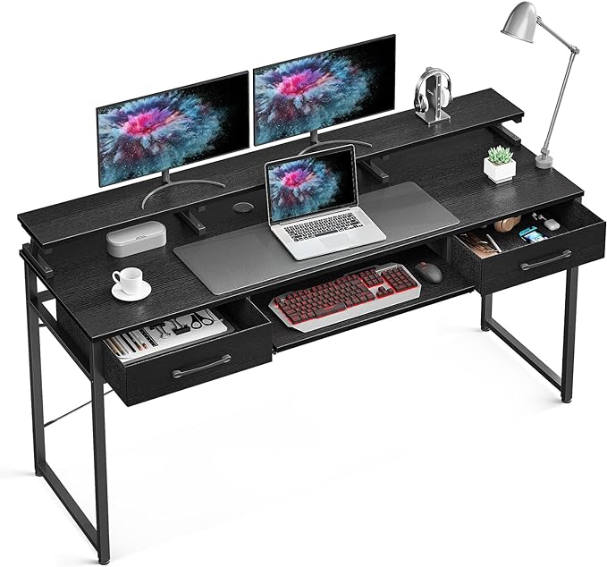 ODK Computer Desk Study Table, 63 Inch Office Desk with Drawers and Keyboard Tray, Study Desk Work Desk with Monitor Shelf, Writing Desk with Storage for Home Office, Black - LeafyLoom