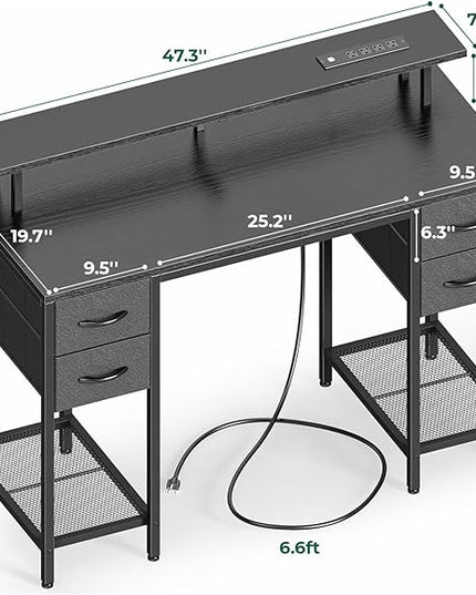 47 inch Computer Desk with 4 Drawers, Gaming Desk with LED Lights & Power Outlets, Home Office Desk with Large Storage Space for Bedroom, Work from Home, Black - LeafyLoom