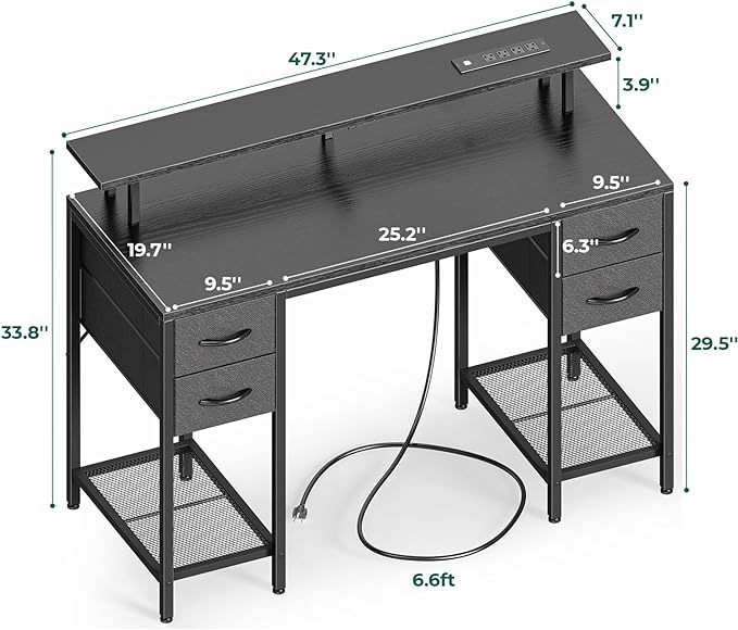 47 inch Computer Desk with 4 Drawers, Gaming Desk with LED Lights & Power Outlets, Home Office Desk with Large Storage Space for Bedroom, Work from Home, Black - LeafyLoom