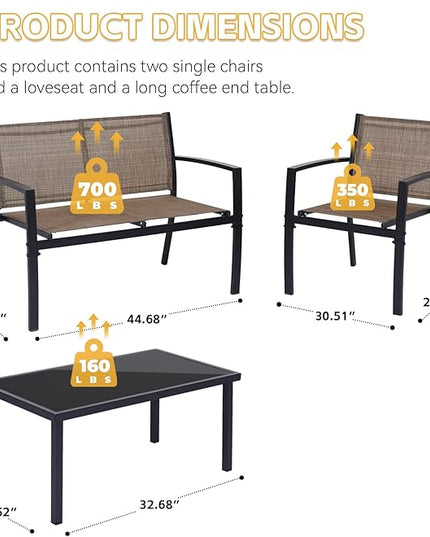 4 Pieces Patio Furniture Set Outdoor Garden Patio Conversation Sets Poolside Lawn Chairs with Tempered Glass Coffee Table Loveseat Porch Furniture Textilene Fabric Yellow - LeafyLoom